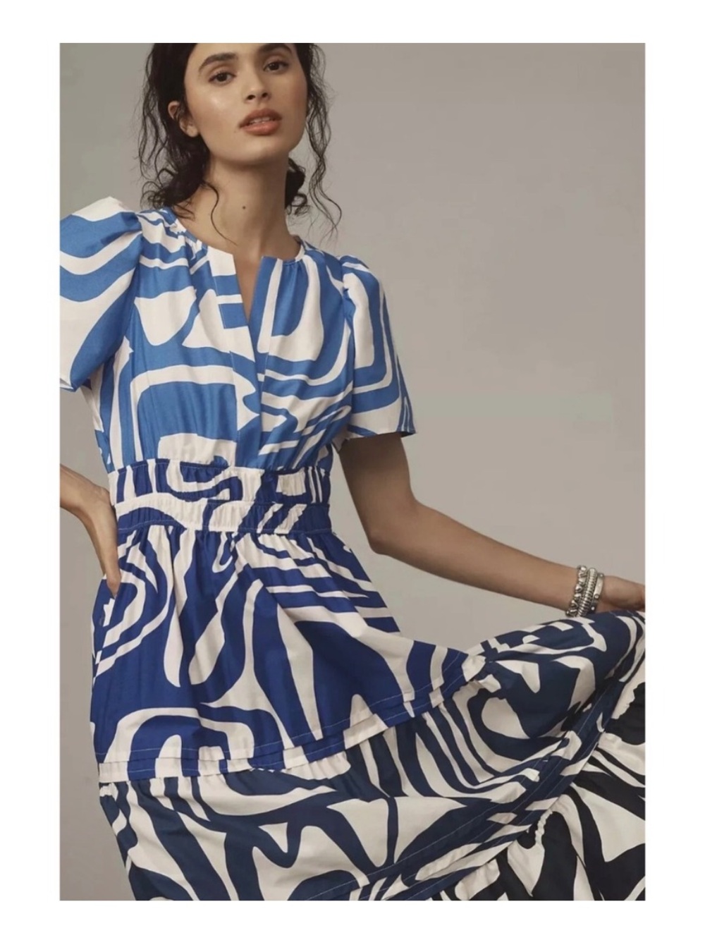 Anthropologie the Somerset Blue and White Abstract Tiered Maxi Dress